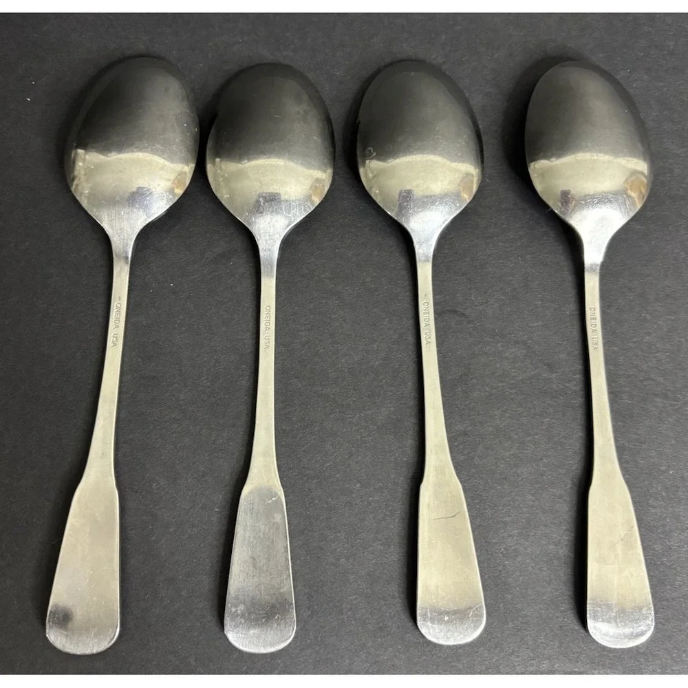 4 Oneida Colonial Boston Minute Man Oval Soup Spoons 6 7/8